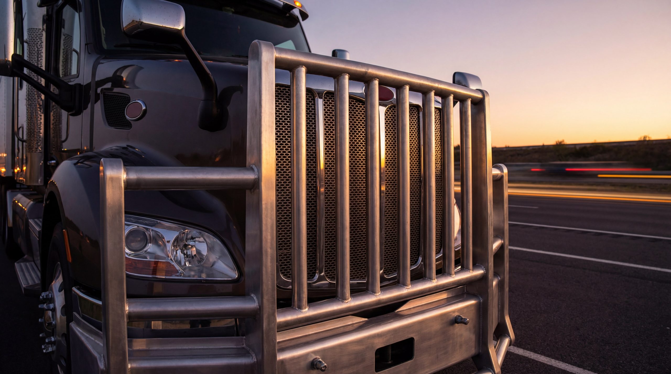 Semi Truck with Grille Guard at Dusk