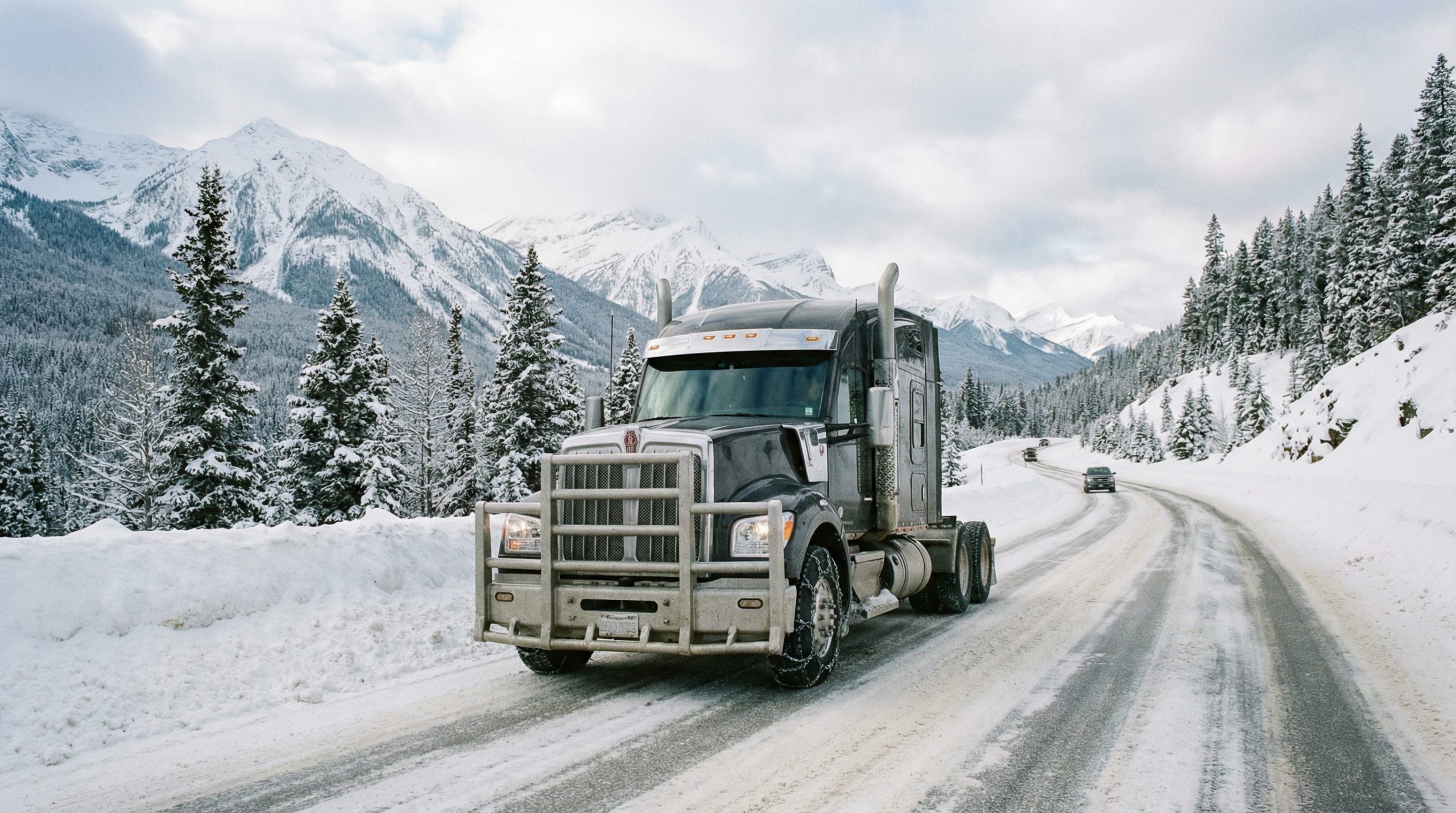 Semi Truck Navigating Snowy Mountain Pass with Front-End Protection