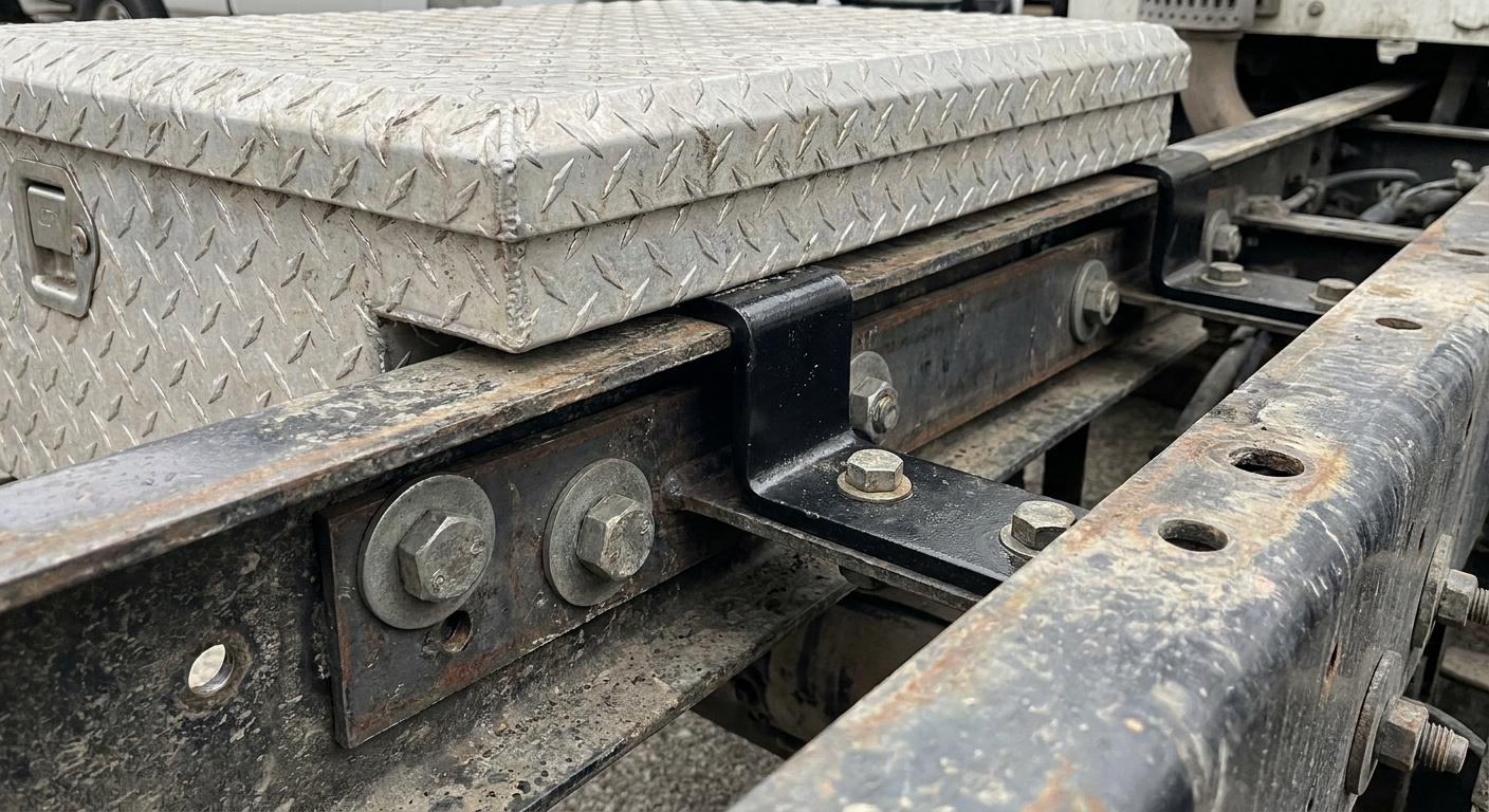 Heavy-duty mounting hardware attached to a truck frame