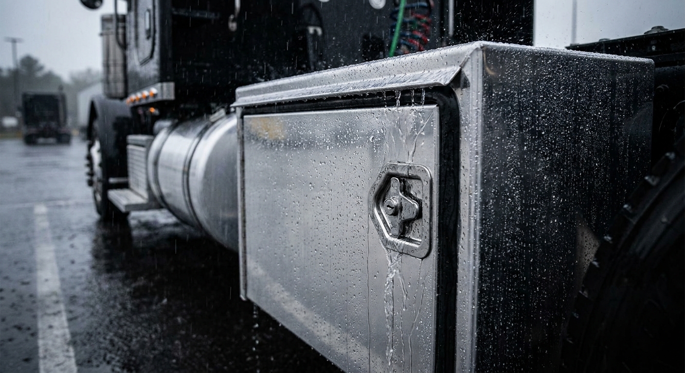A toolbox during a heavy rainstorm showing water runoff