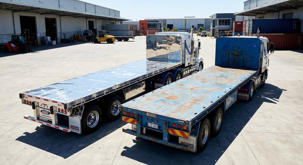 Photorealistic image of two semi-trucks parked side-by-side in a modern industrial yard, one with a polished aluminum bed and one with a painted steel bed, showing the contrast in material texture under bright sunlight.