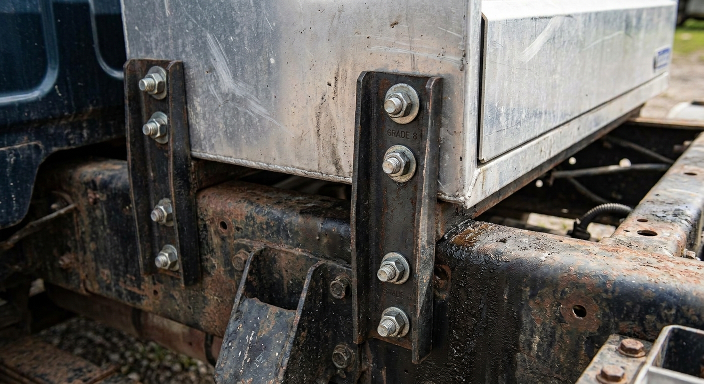 Heavy-duty steel brackets for mounting truck tool boxes to the frame