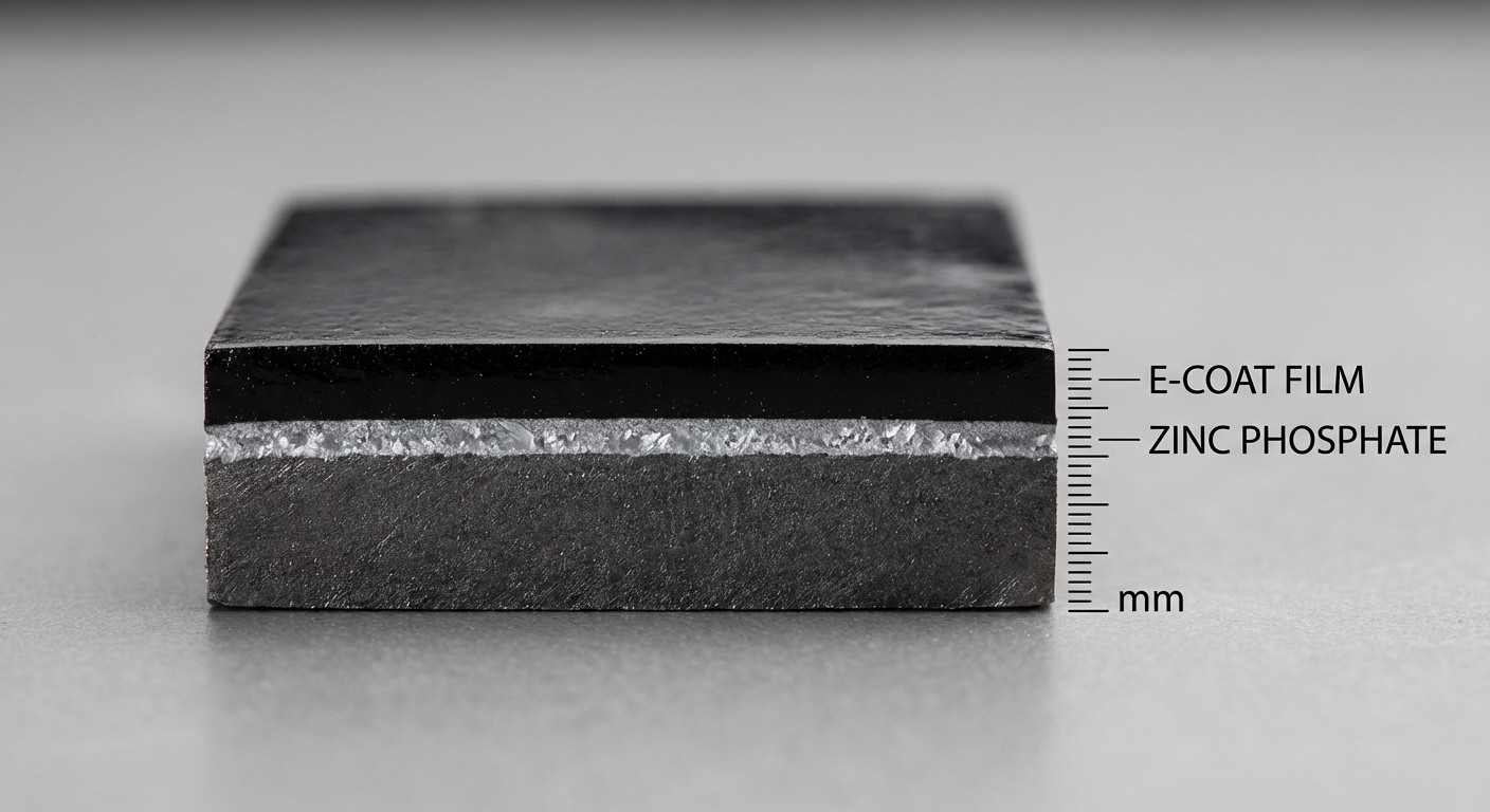 Cross-section macro view of a 5mm steel plate showing uniform layers of zinc phosphate and e-coat film