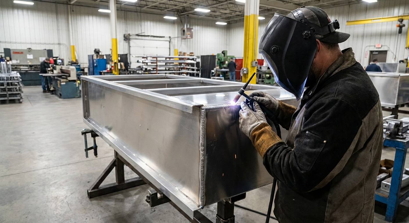 A welder working on an aluminum toolbox in a factory