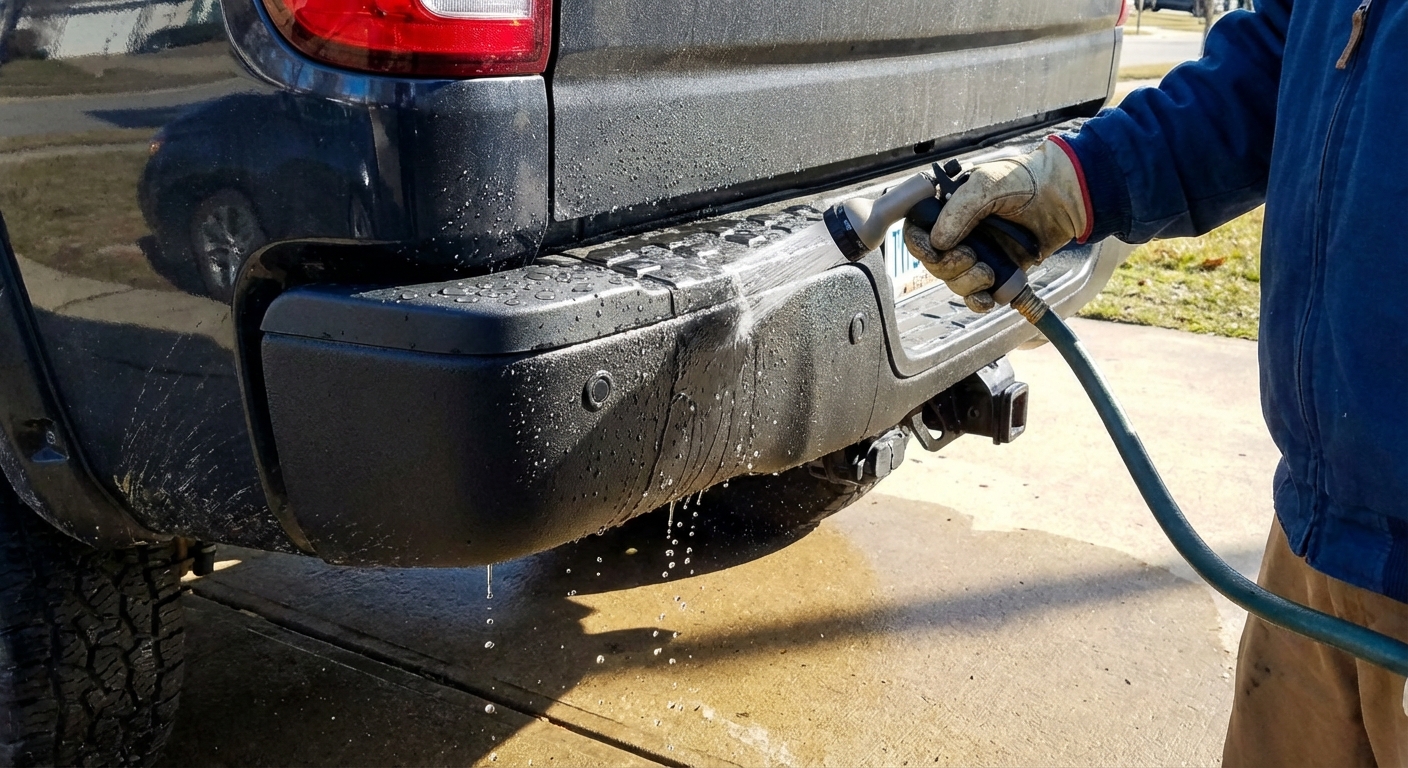 Person using a low-pressure hose to rinse road grime off a matte black e-coated truck bumper