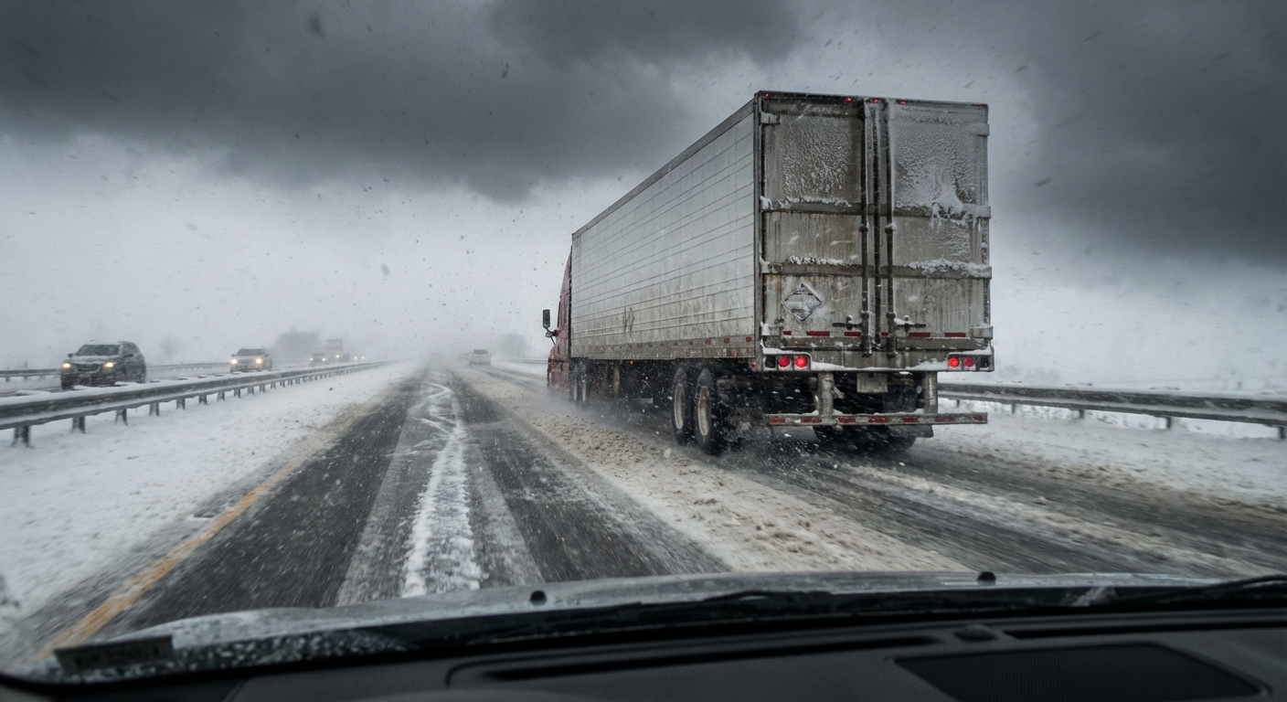 Photorealistic image of a truck driving through a heavy snowstorm on a highway covered in white salt brine, highlighting the harsh conditions trucks endure.