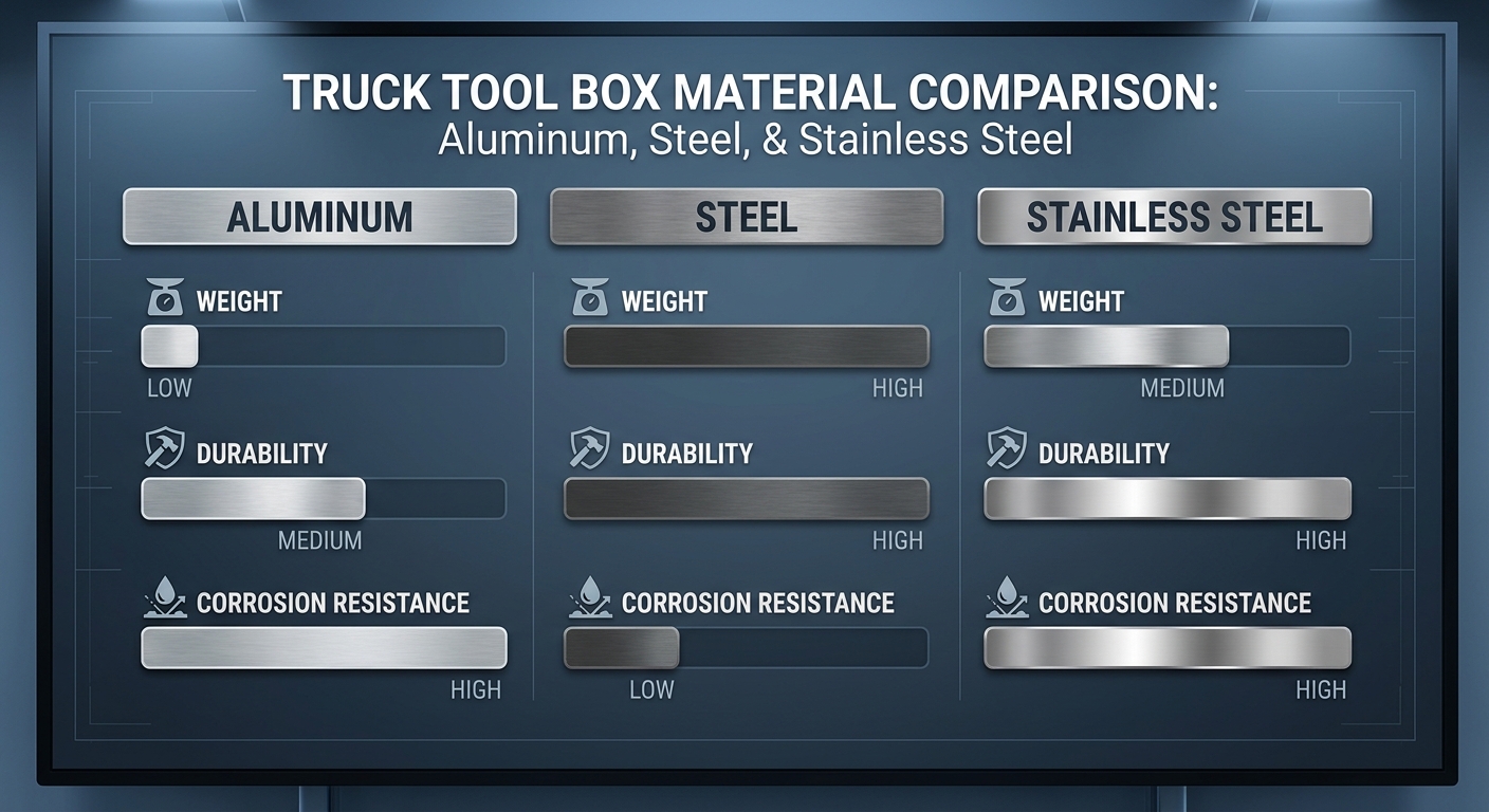 Chart comparing aluminum, steel, and stainless steel for truck tool boxes