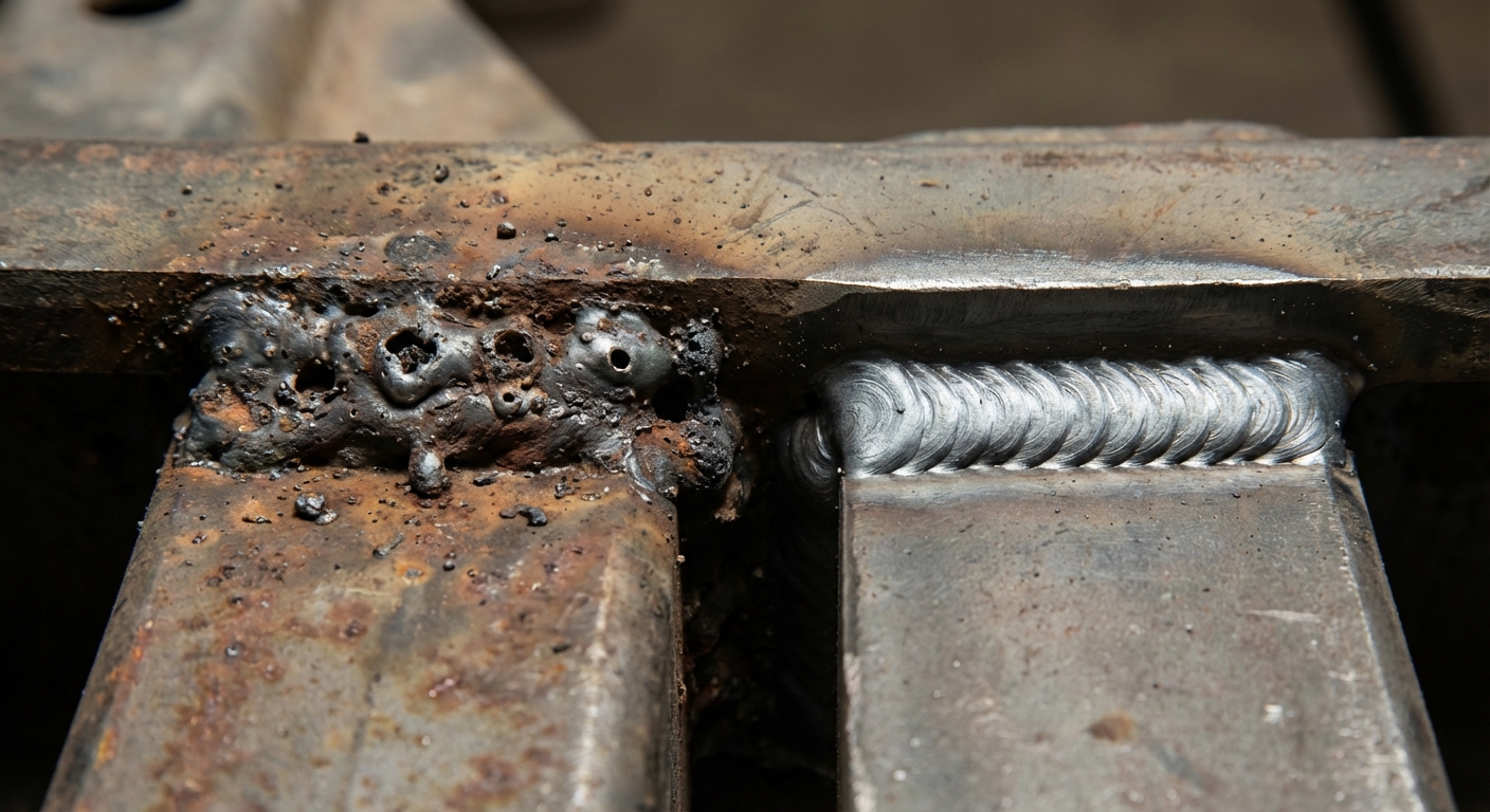 Comparison of a poor porous weld versus a professional factory weld