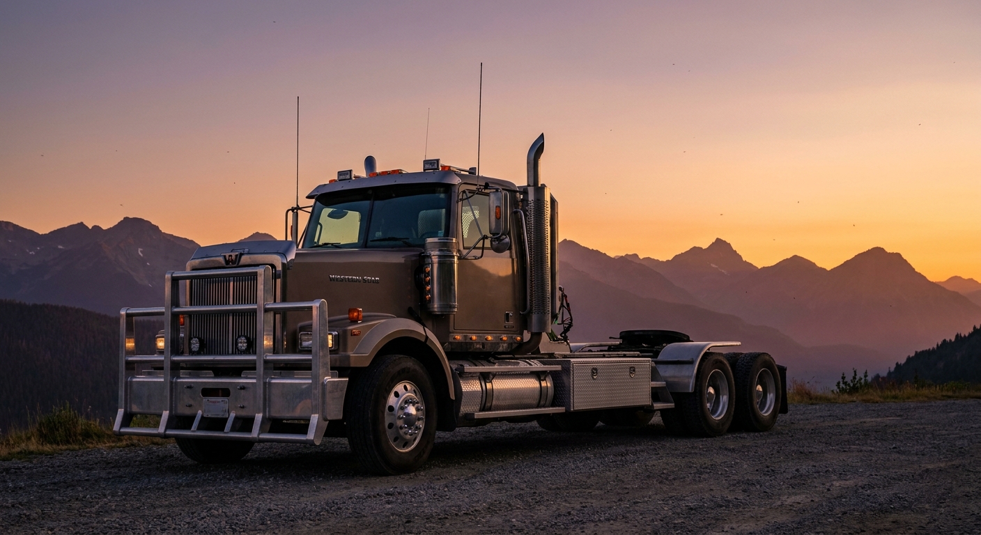 A Western Star truck with a moose bumper and toolbox at sunset