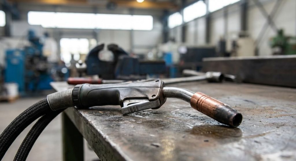 Close-up of MIG welding torch used in semi truck moose bumper fabrication, showing precision build-to-print welding setup