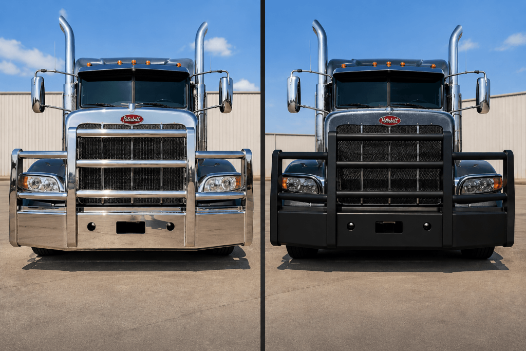**Alt Text:** Side-by-side comparison of a polished stainless steel grille guard and a black powder-coated grille guard installed on two heavy-duty Peterbilt semi trucks outdoors under a clear blue sky.