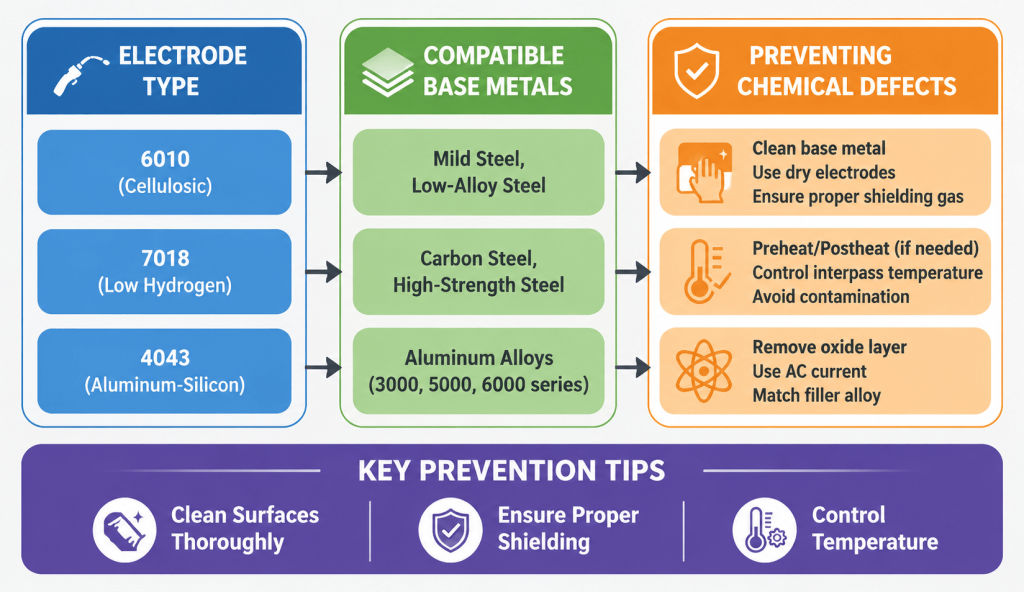 Infographic showing welding electrode types (6010, 7018, 4043), compatible base metals, and chemical defect prevention tips for semi truck moose bumpers.