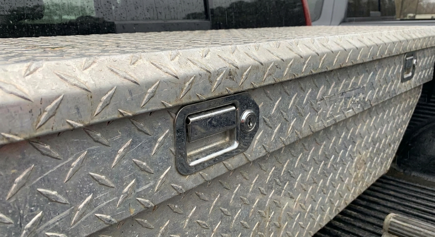 Aluminum diamond plate toolbox closeup