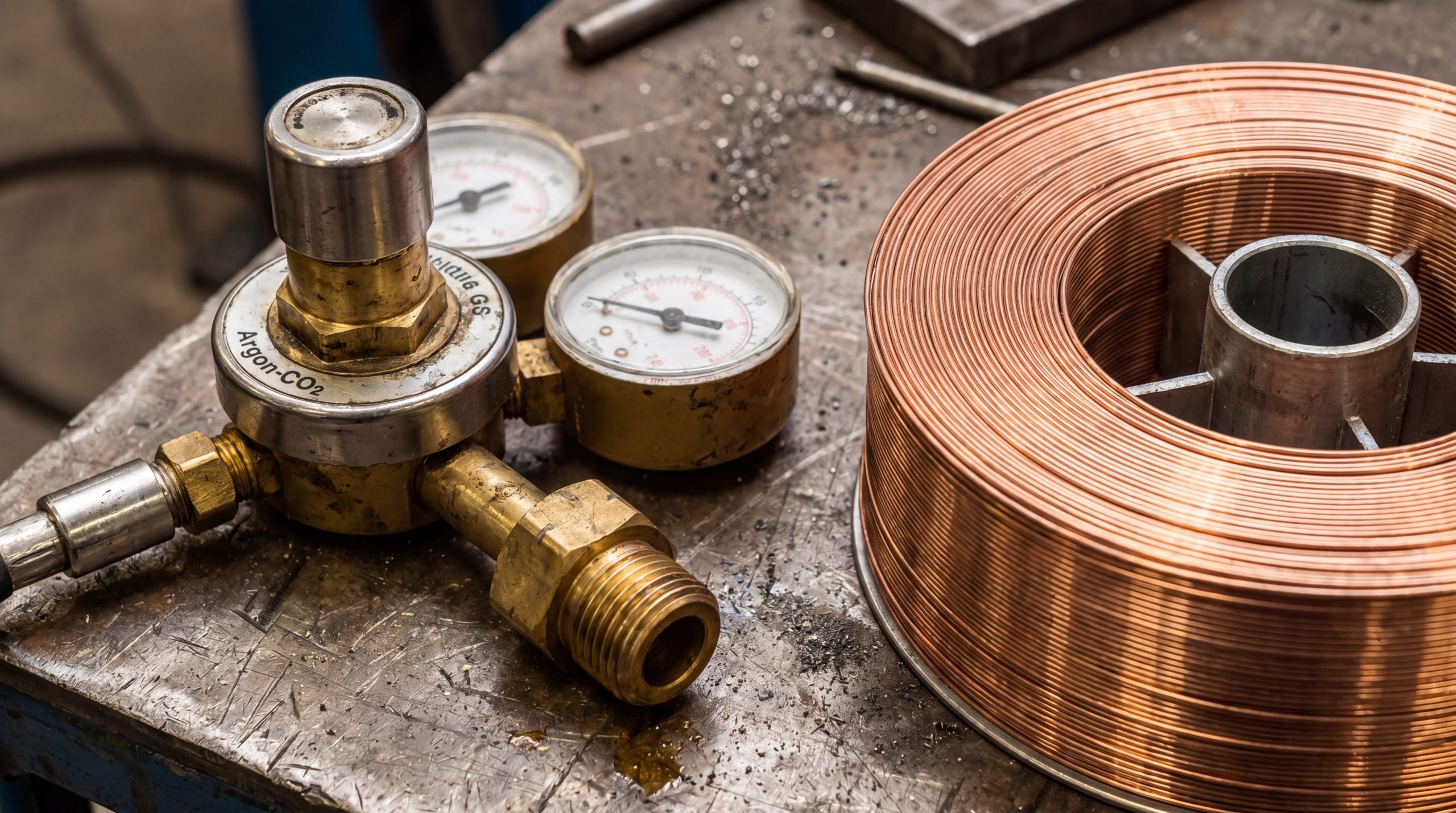 Macro view of an Argon-CO2 gas regulator and a copper-coated MIG wire spool on a workshop bench.