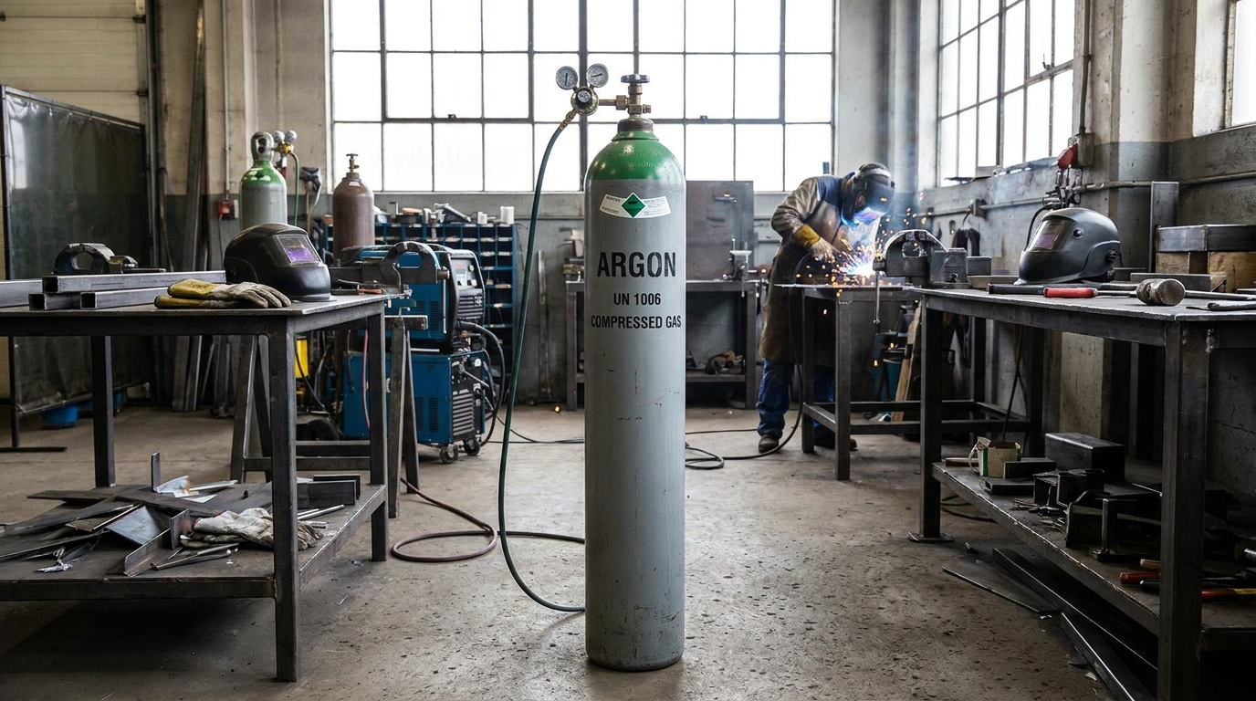 Photorealistic Argon Gas Cylinder in Welding Workshop
