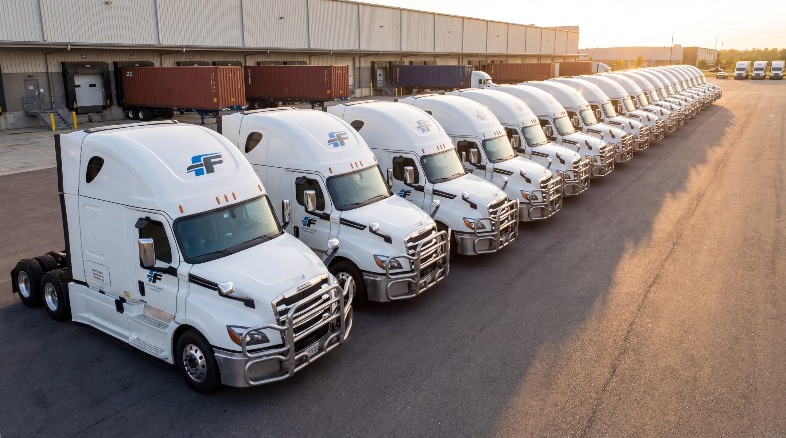 Commercial fleet of white semi trucks parked at logistics depot