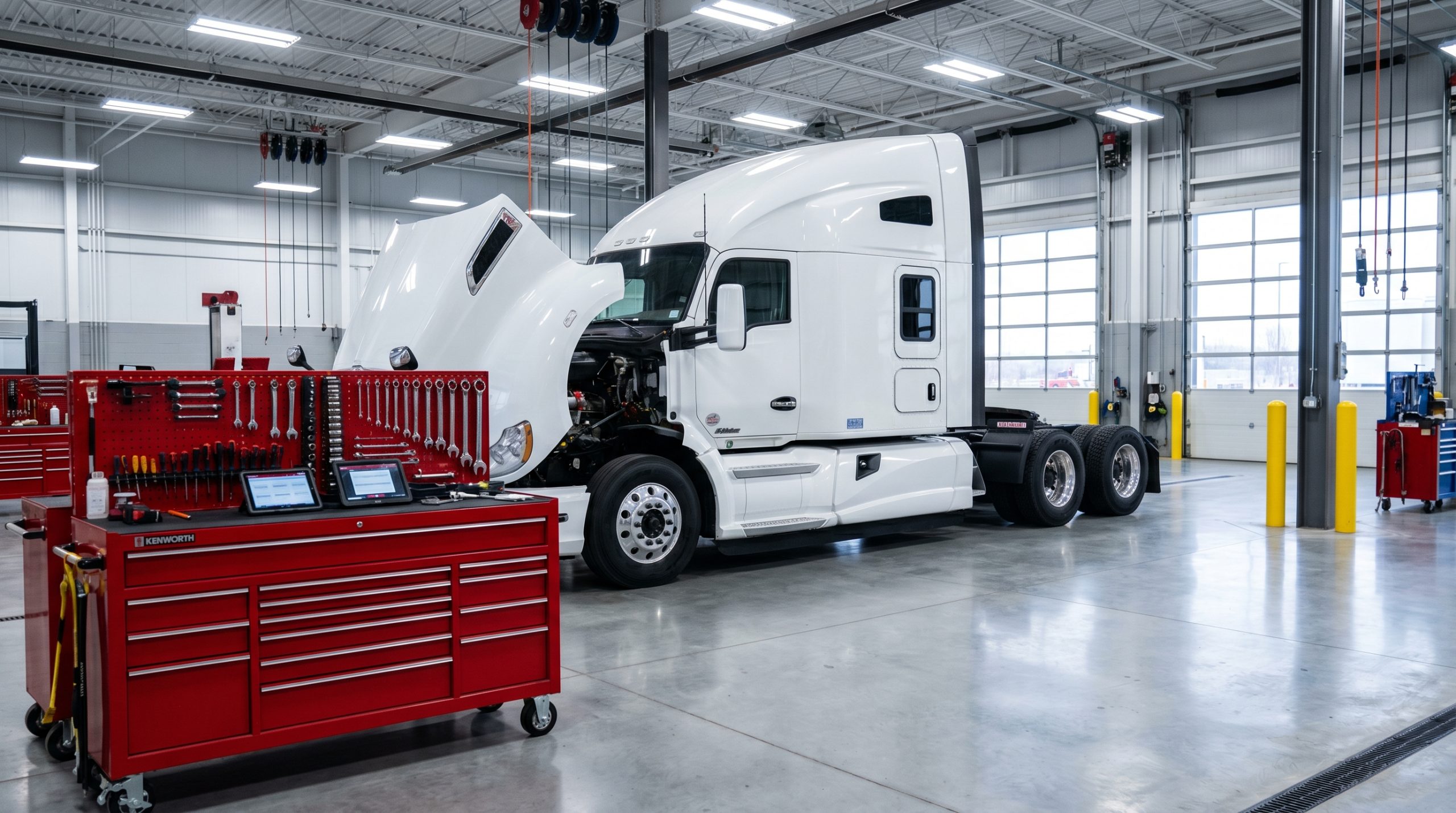 Commercial truck maintenance garage with modern fleet vehicles undergoing inspection