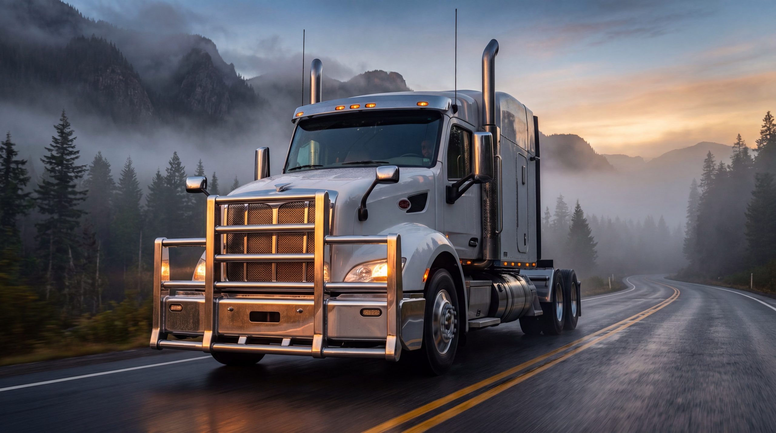 Class 8 semi-truck traveling down a misty rural highway