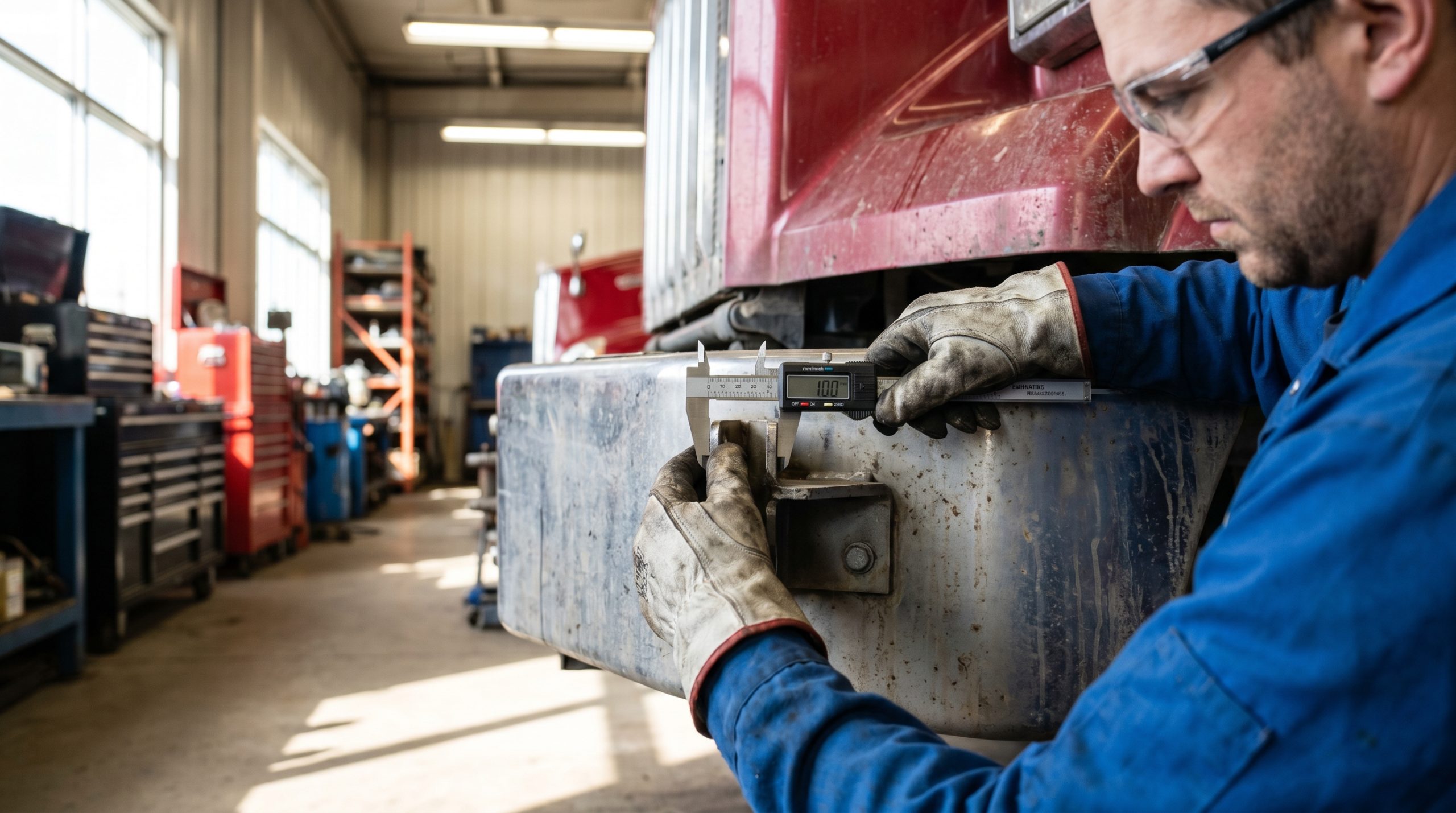Fleet maintenance technician preparing a semi truck front end for precise measurements