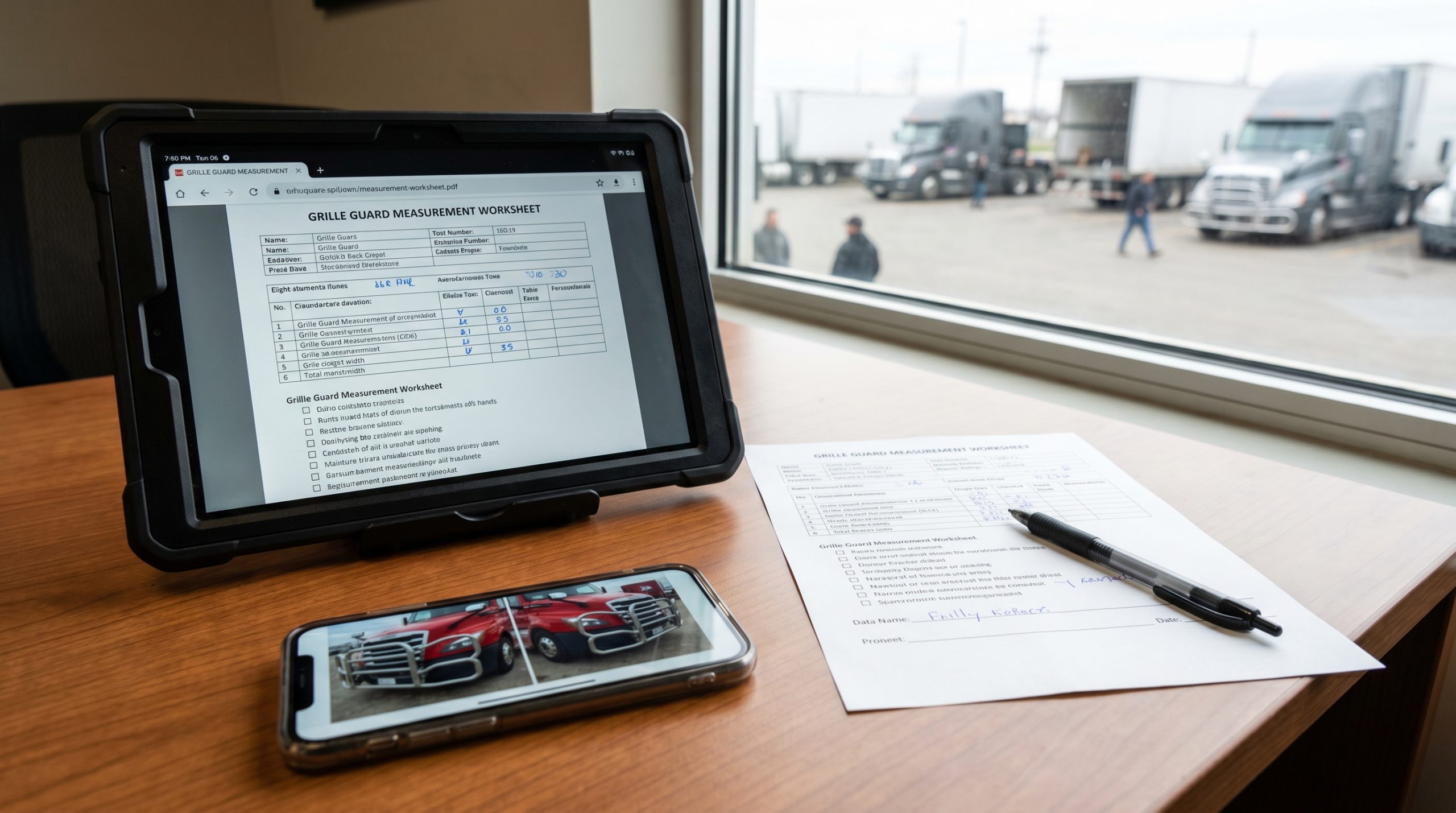 Digital tablet showing a completed grille guard measurement worksheet next to a paper copy and phone