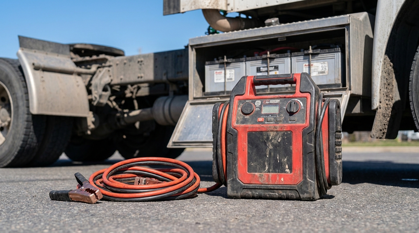 heavy-duty jumper cables and a portable battery jump starter resting near a truck engine bay.