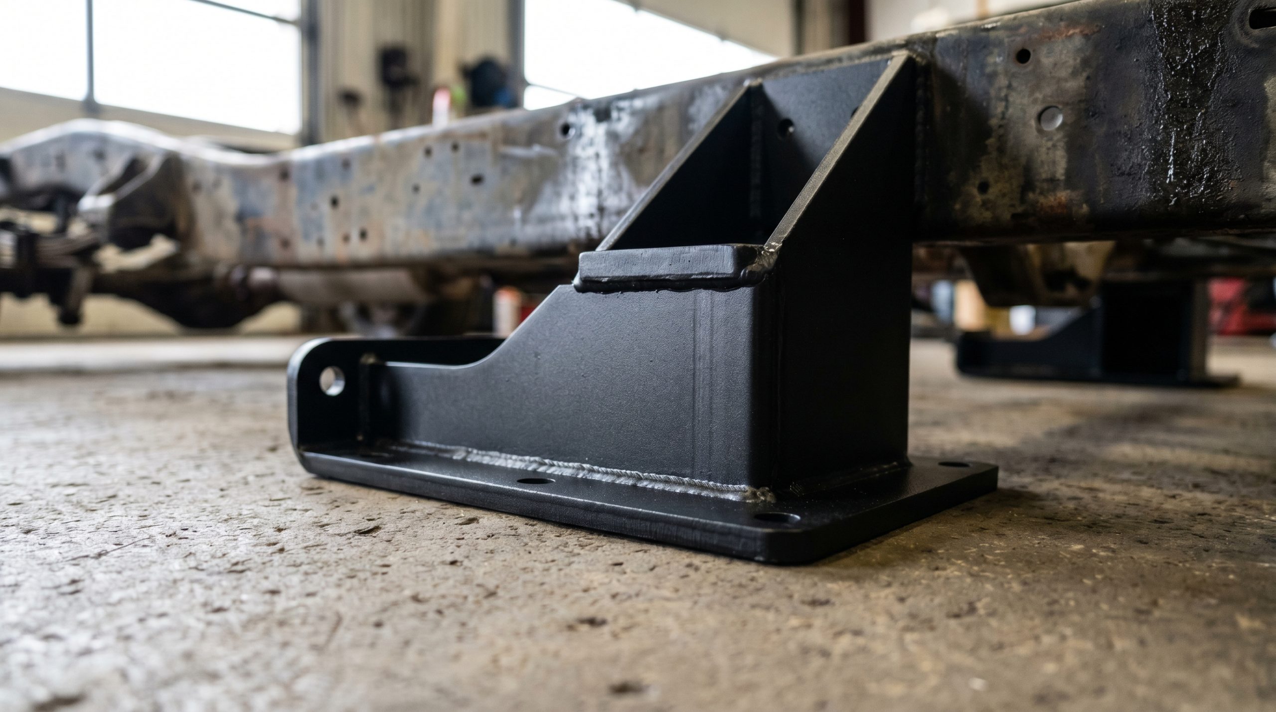 Heavy duty steel mounting bracket installed on the chassis frame rail of a truck