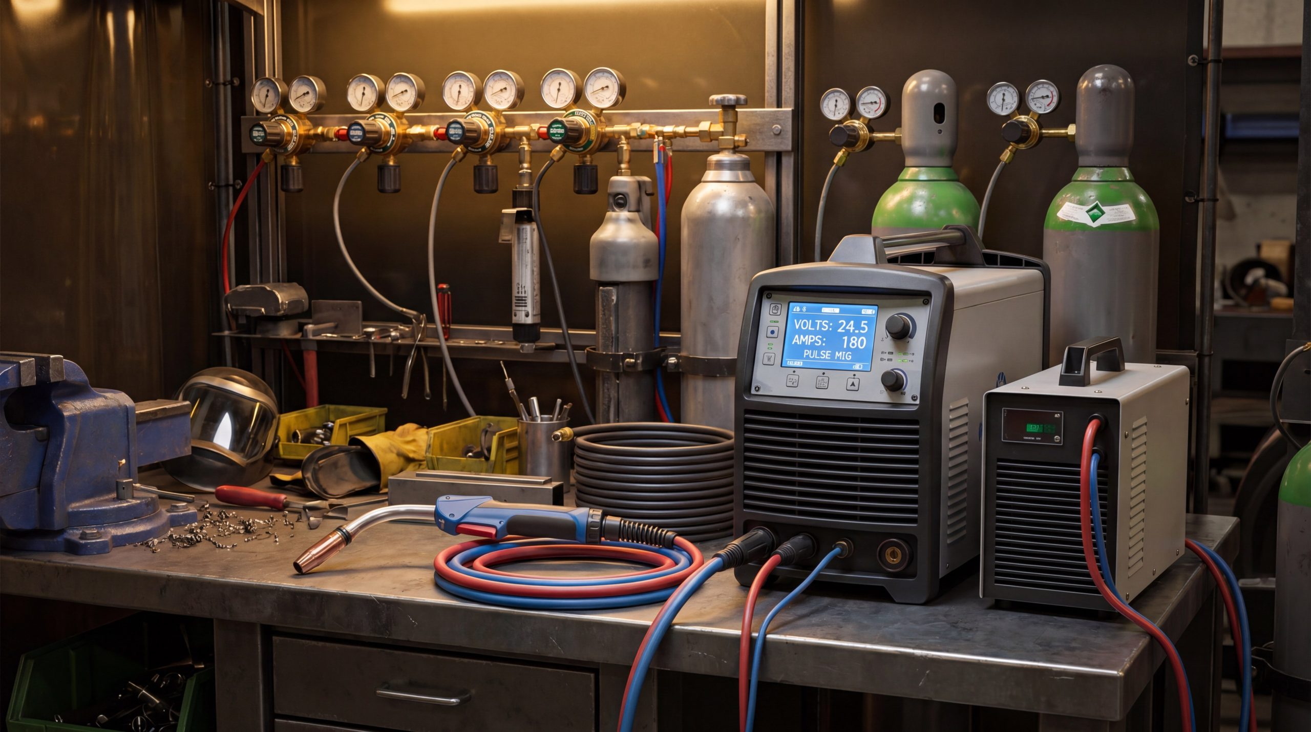 High-tech MIG welding station featuring a water-cooled torch, digital power source, and organized cable management.