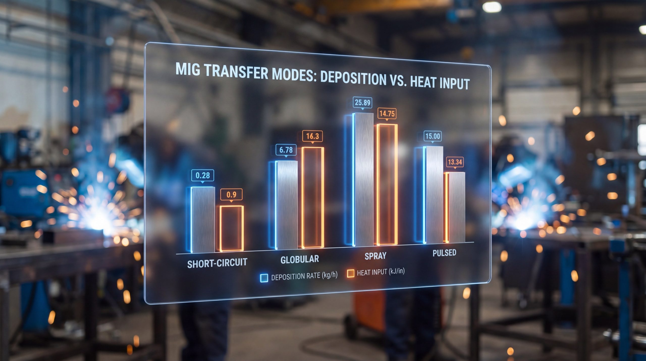 Industrial display showing a comparison of deposition rates and heat input for Short-Circuit, Globular, Spray, and Pulsed transfer modes.