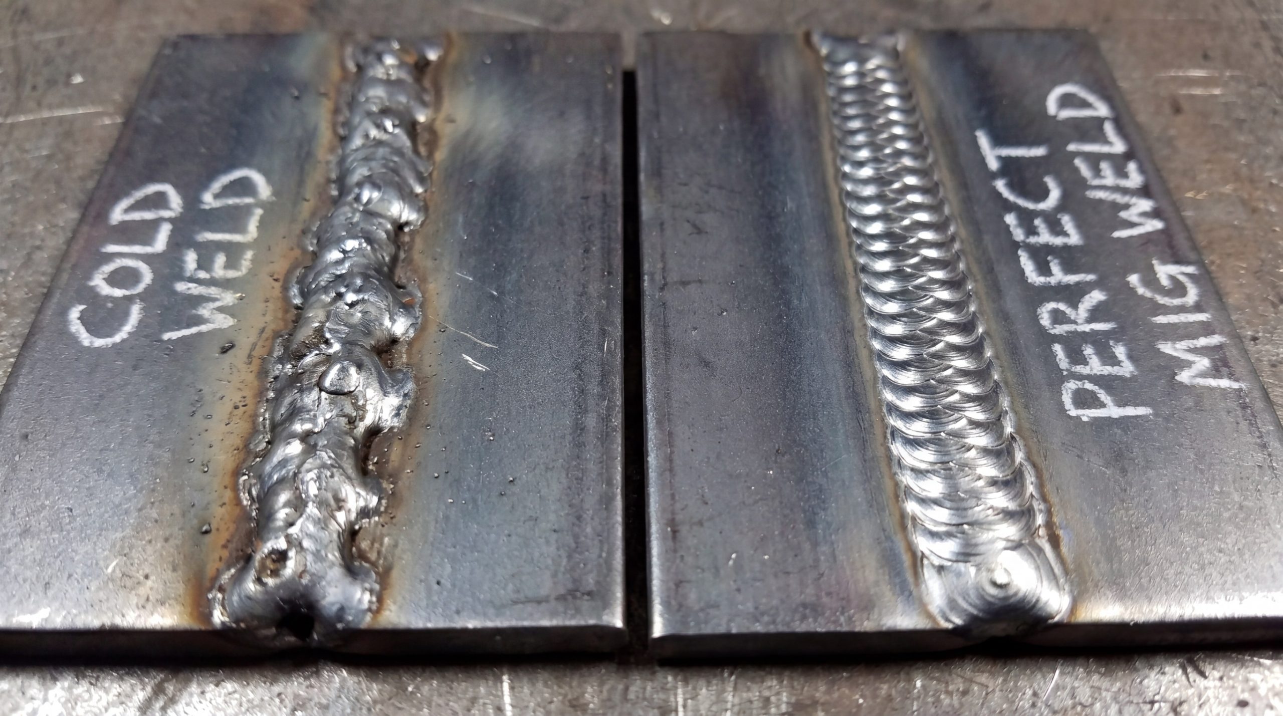 Close-up comparison showing the difference between a "cold" weld with poor fusion and a perfect "stack of dimes" MIG weld bead.