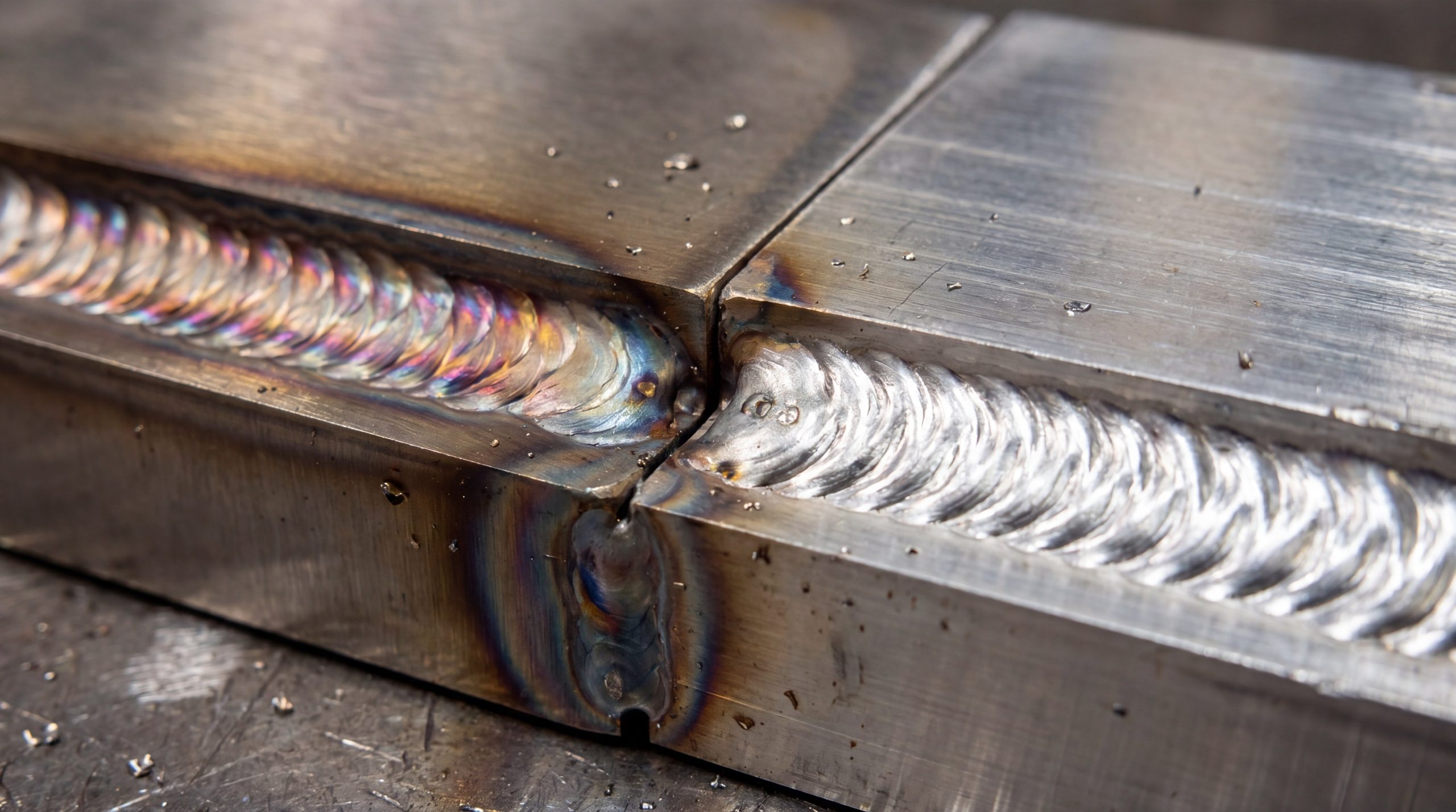Macro shot of high-quality MIG weld beads on a heavy steel bracket, showing uniform penetration and cleanliness.