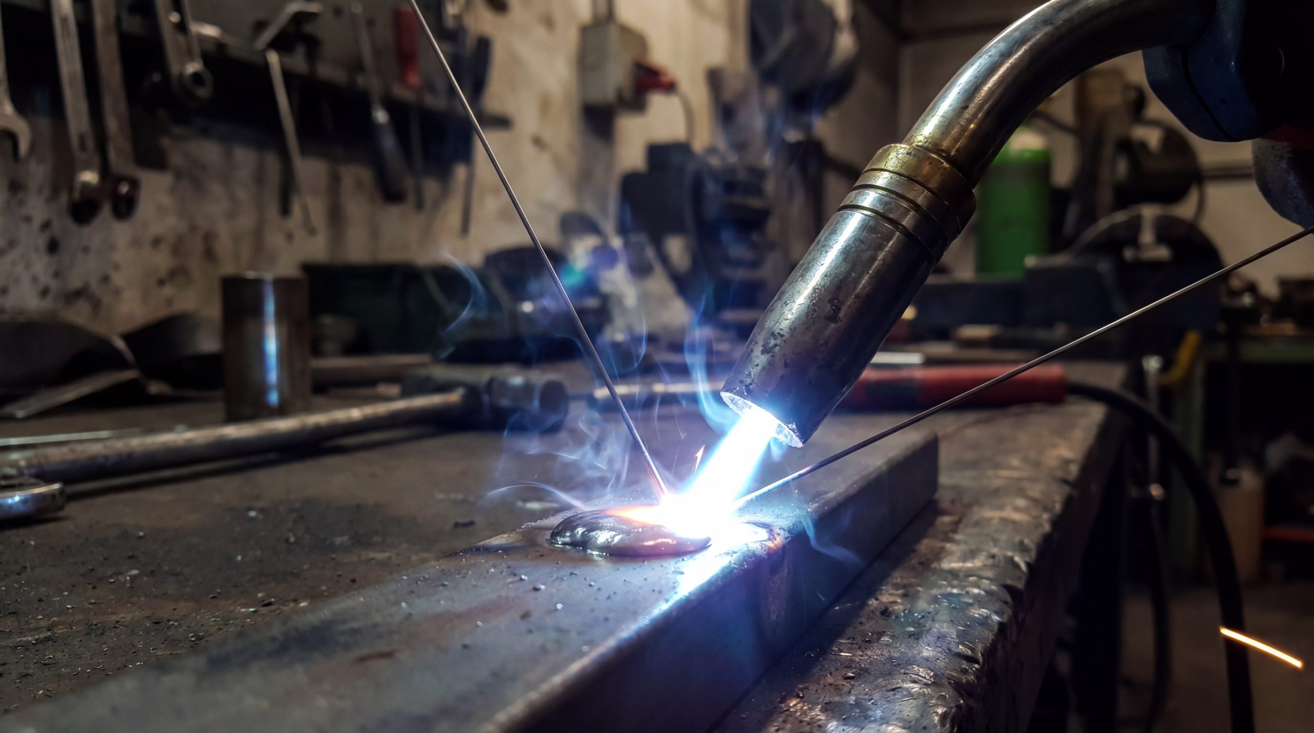 High-end industrial macro shot of a MIG welding gun nozzle with a bright electric arc and wire feeding into a molten metal pool.