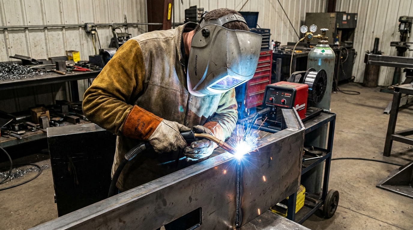 Photorealistic image of a manual MIG welding station with a technician working on a 5mm thick steel bumper, showing the wire feed and shielding gas nozzle.