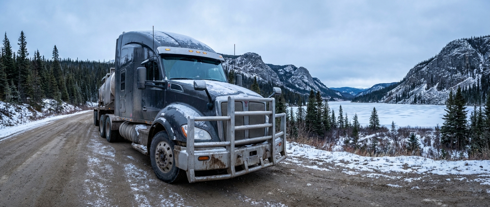 Photorealistic image of a semi-truck with a heavy-duty moose bumper driving through a snowy mountain pass on a logging road.