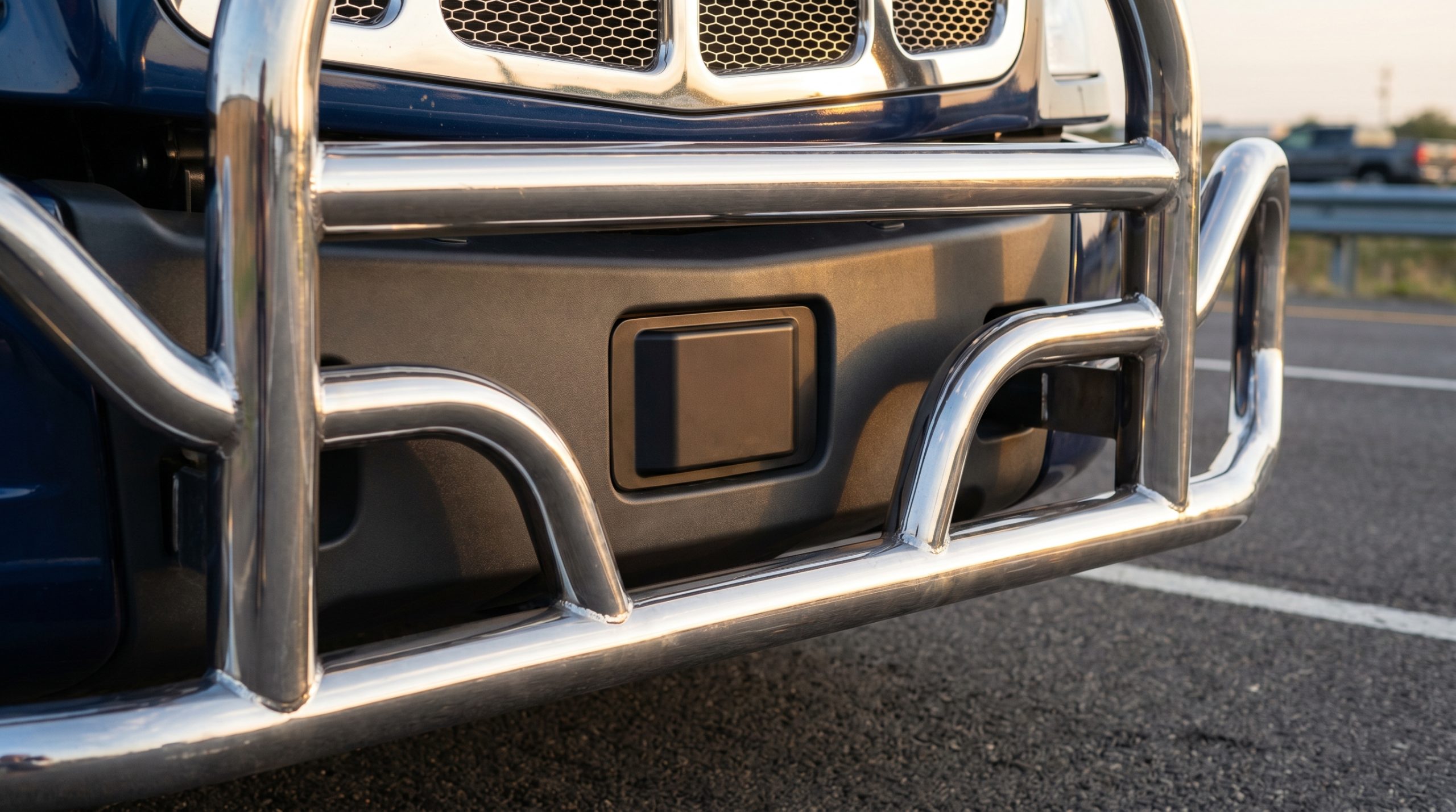 Close up of a modern truck's lower center bumper highlighting a radar ADAS sensor housing