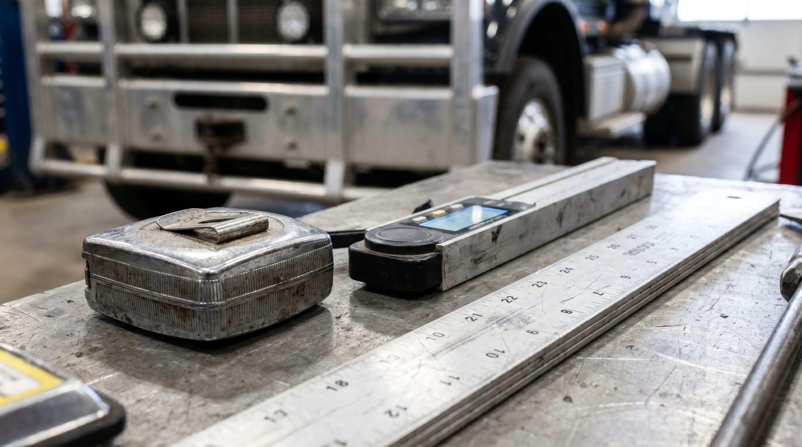 Professional measurement tools neatly organized on a workshop table next to a truck bumper