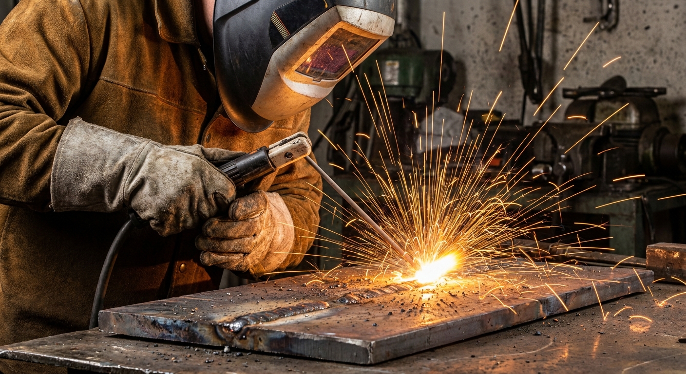 professional welder stick welding closeup