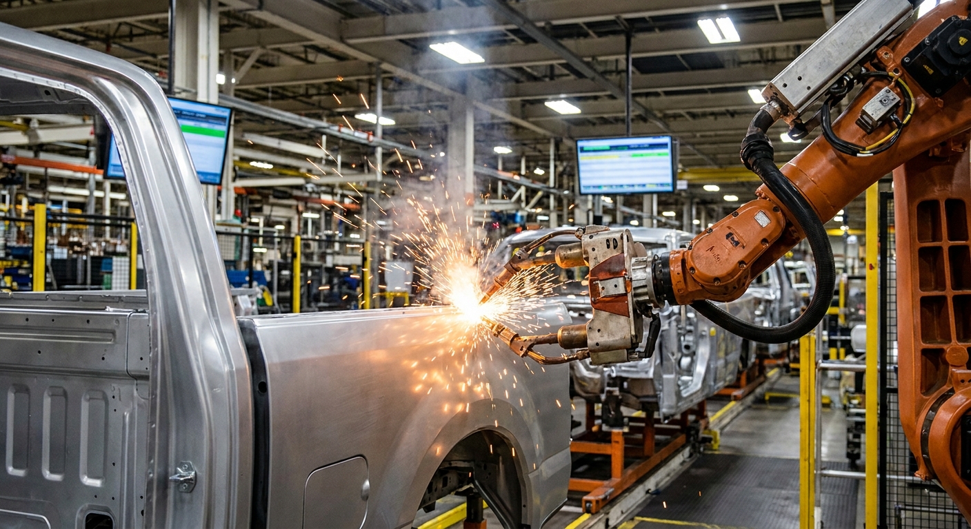 Photorealistic image of a robotic resistance spot welding arm applying precision spot welds to a truck's aluminum body panel with bright sparks.