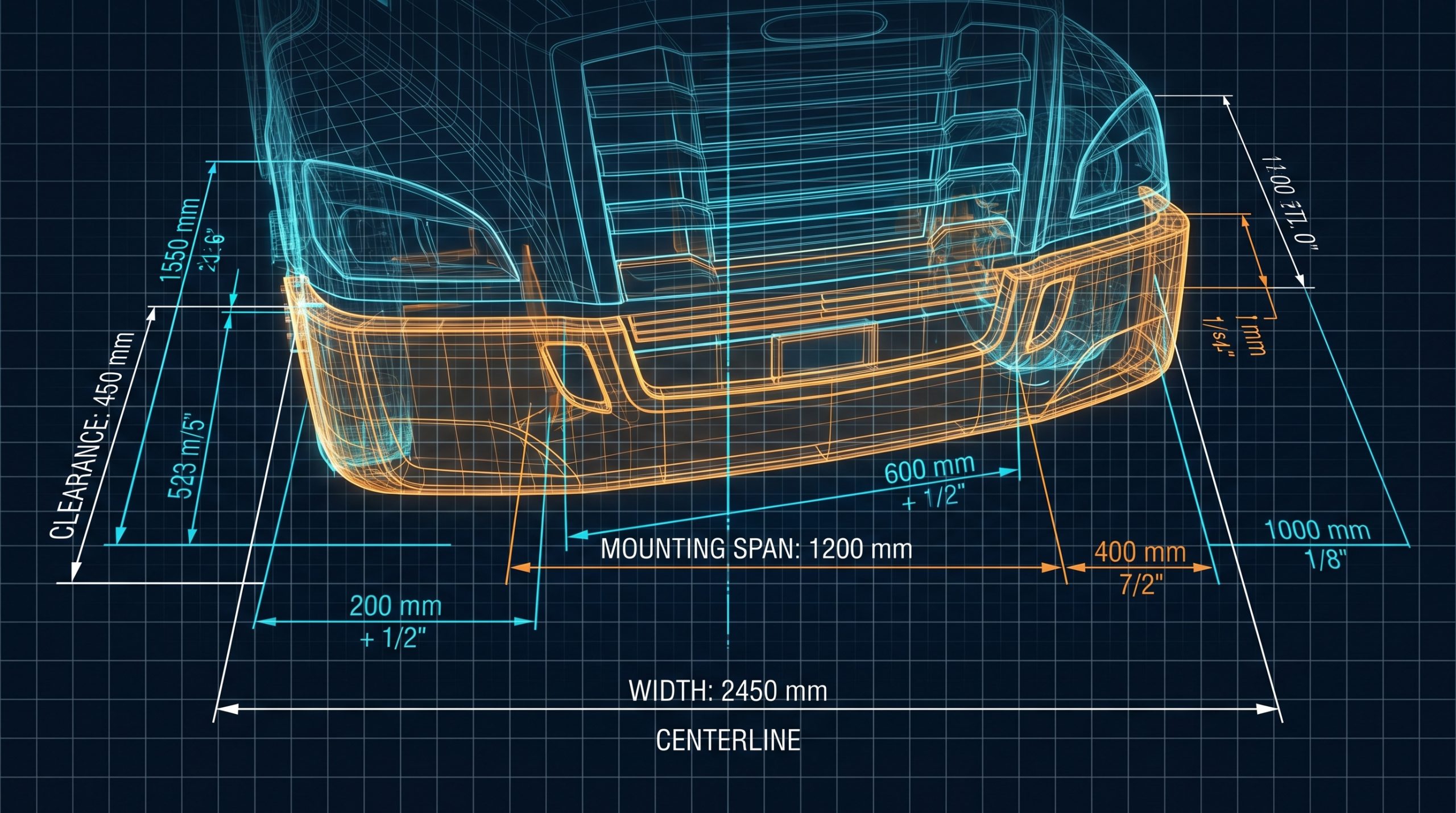 Highly detailed technical blueprint and CAD diagram of a semi truck front end showing measurement lines