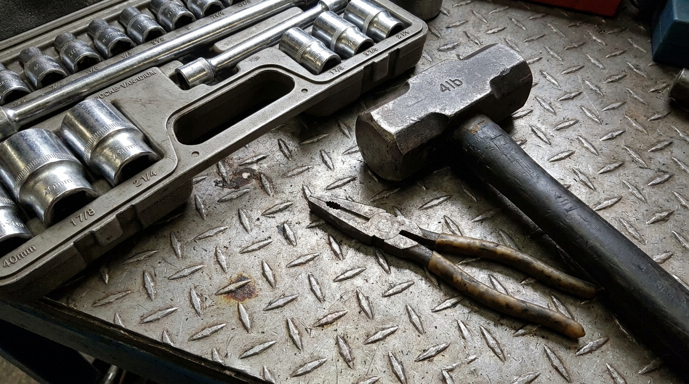 professional mechanic's socket set and heavy-duty hammer laid out on a truck tailgate.