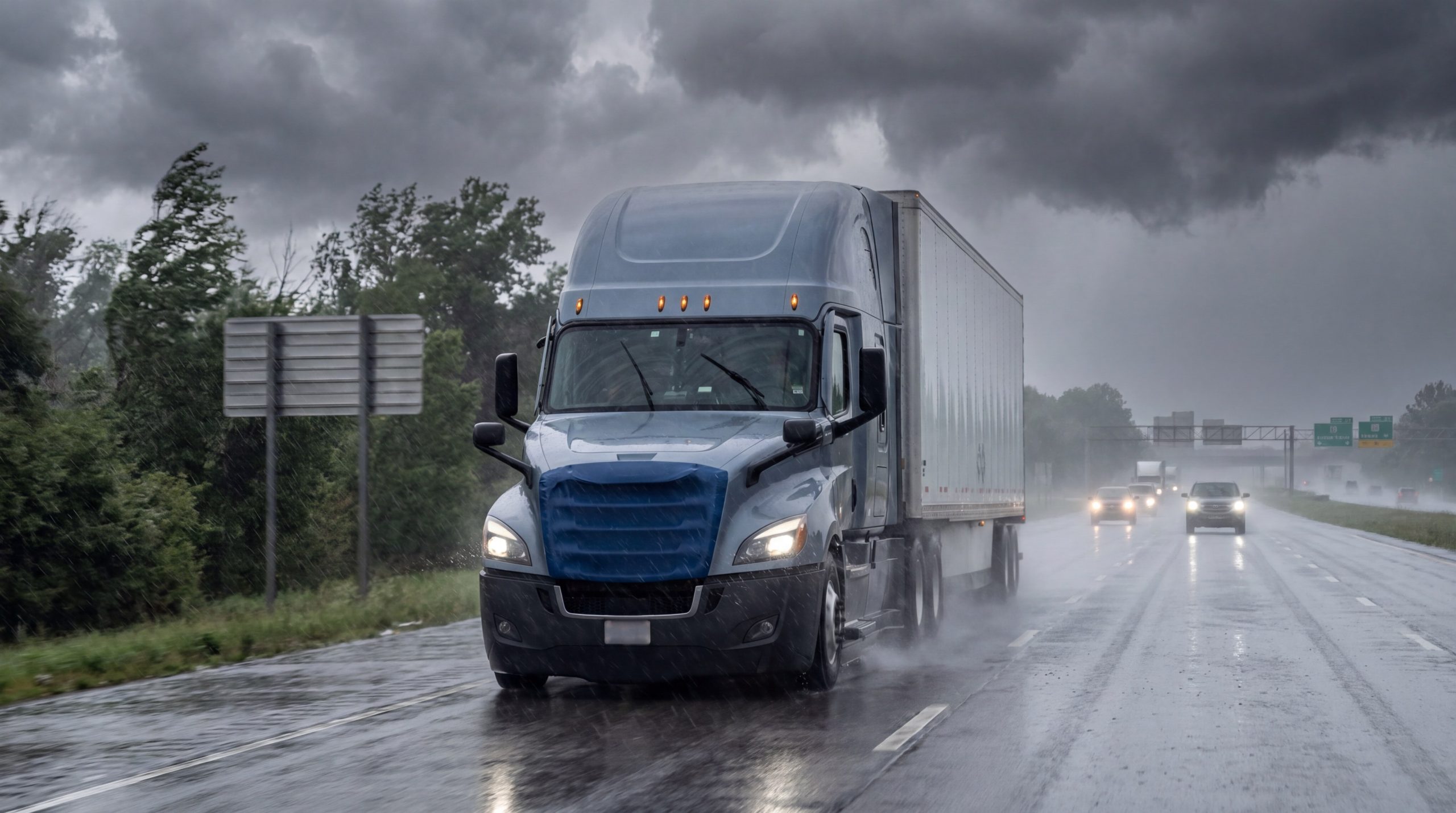 Semi truck driving on highway during heavy rainy weather