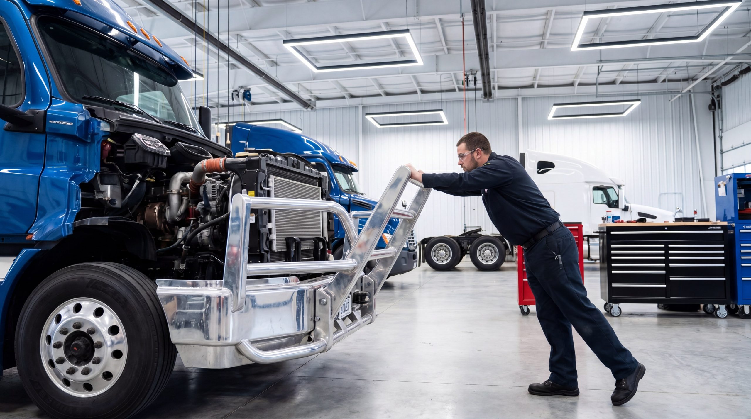 Mechanic tilting a heavy-duty truck guard in garage