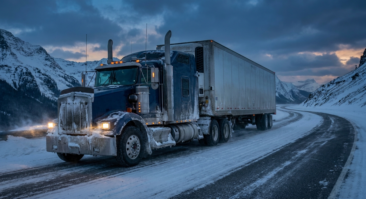 semi truck snowy mountain pass