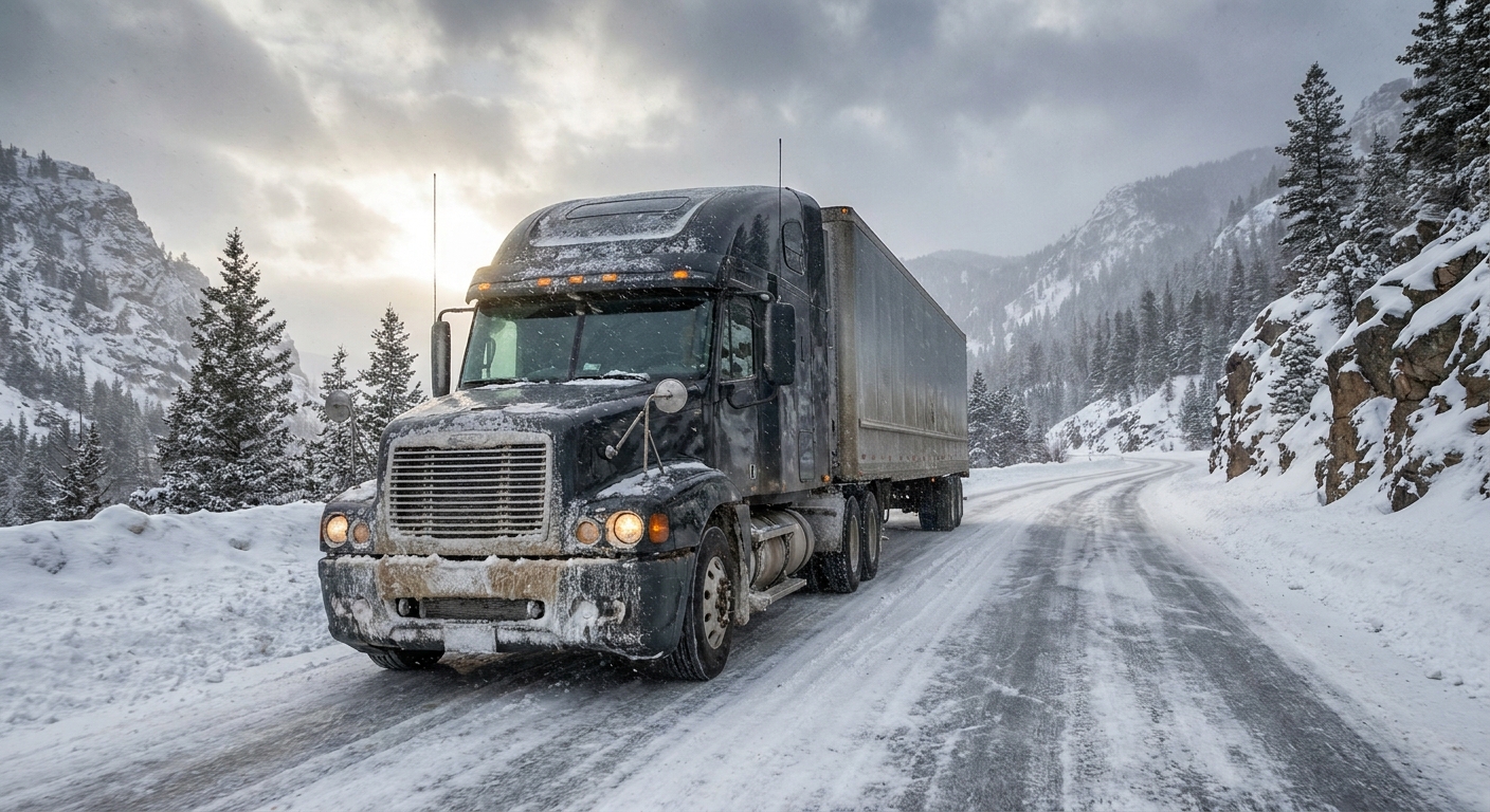 semi truck snowy mountain pass