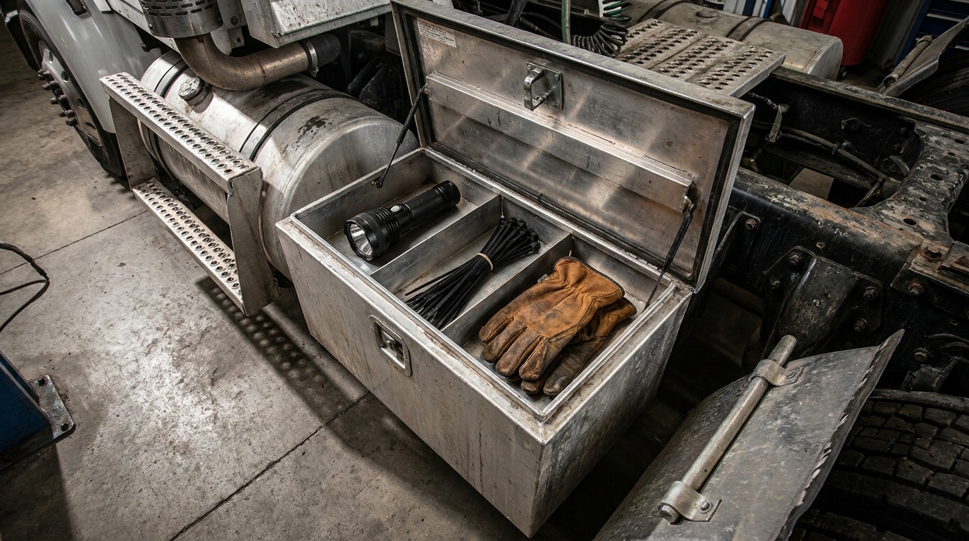 high-angle shot of a neatly organized aluminum truck toolbox featuring a flashlight, zip ties, and work gloves.
