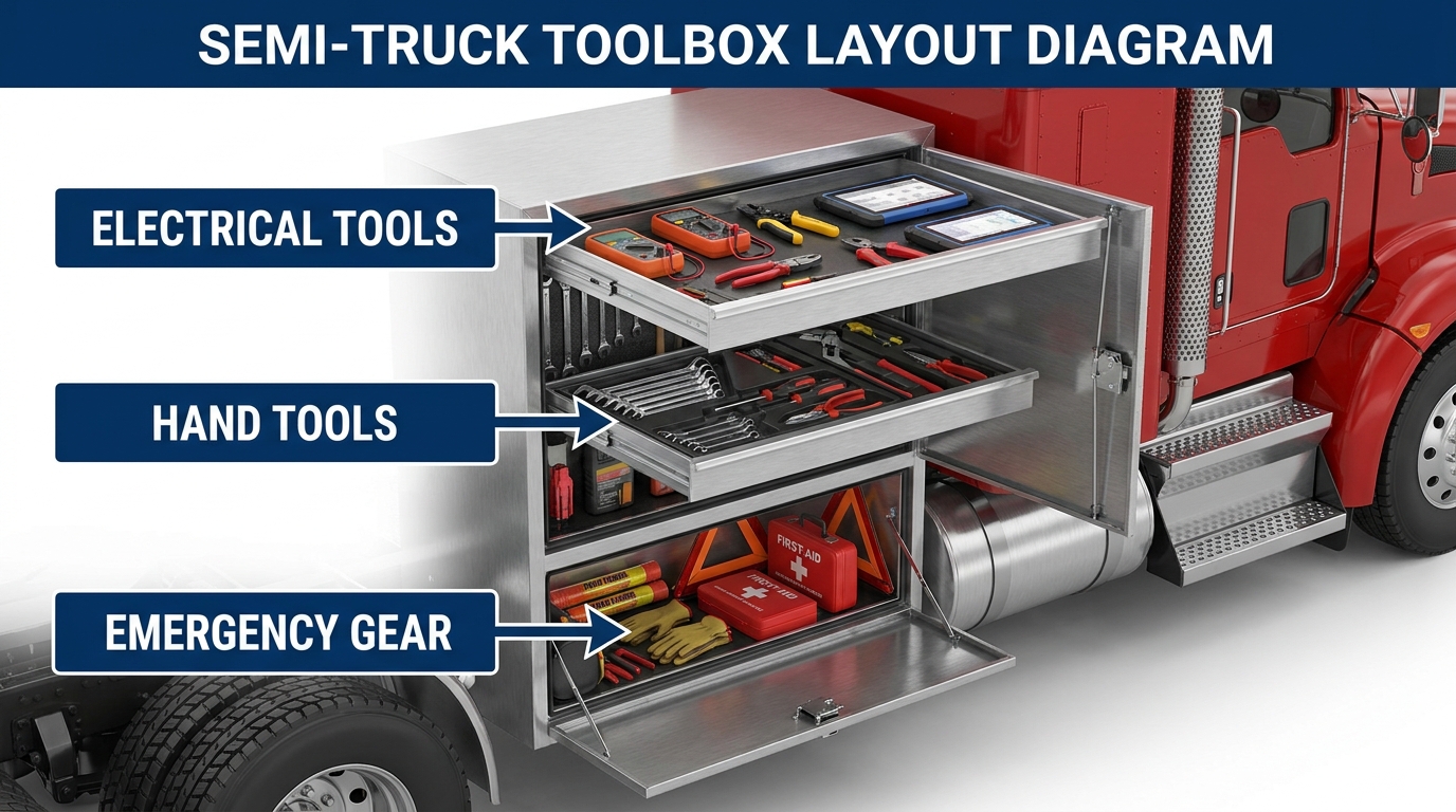 A 3D diagram of a semi truck toolbox showing organized sections for electrical tools, hand tools, and emergency gear.