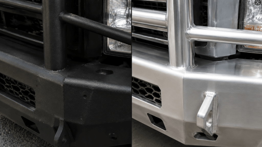 MIG and TIG welded moose bumper comparison: powder-coated steel vs raw aluminum.