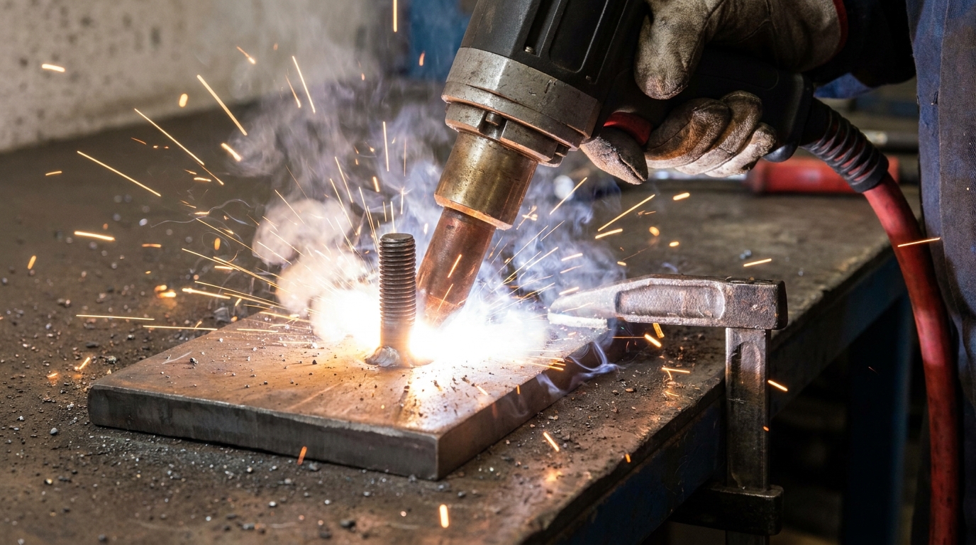 Photorealistic image of a stud welding gun firing a threaded fastener onto a metal plate, with a localized flash of light at the point of contact.