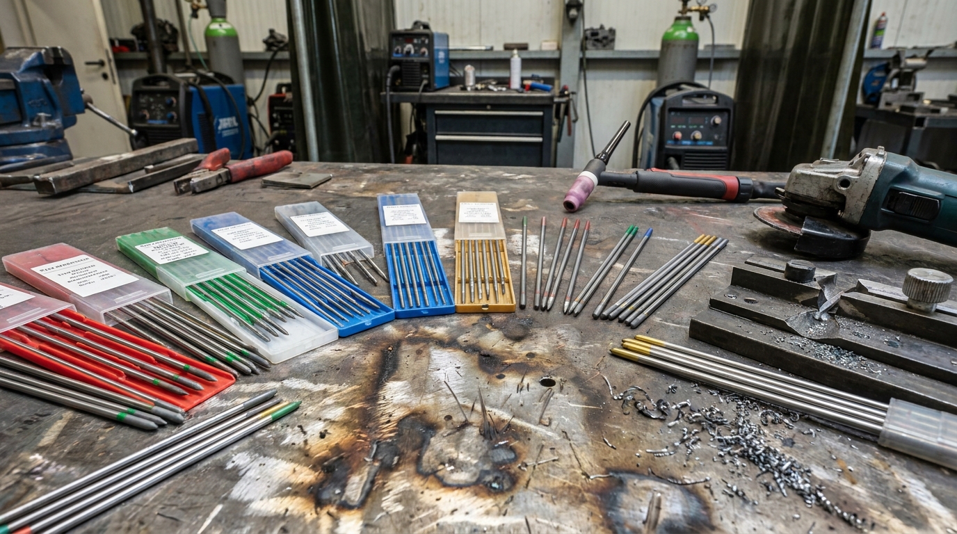 TIG Welding Tungsten Electrodes on Workbench