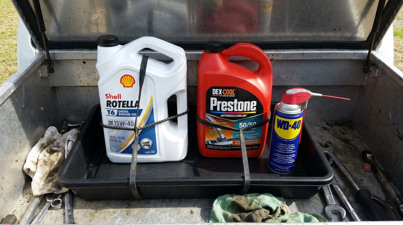 Various bottles of oil, coolant, and windshield washer fluid organized in a spill-proof tray inside a toolbox.