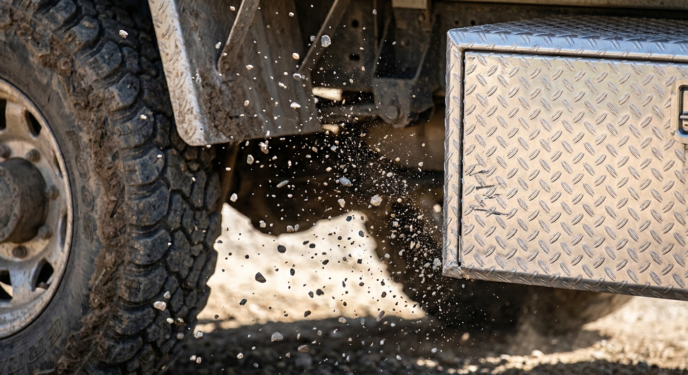 truck tire gravel action shot